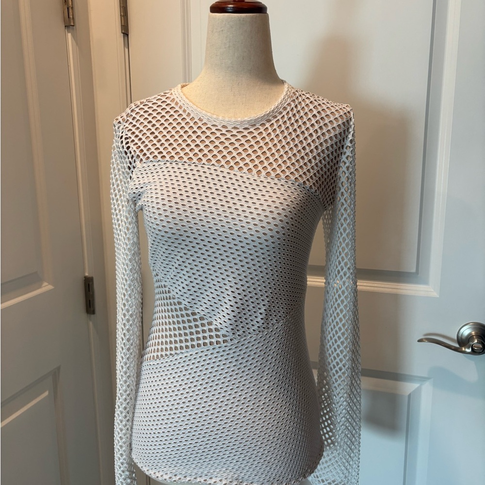 BCBGMaxAzria White Mesh Long Sleeve Blouse